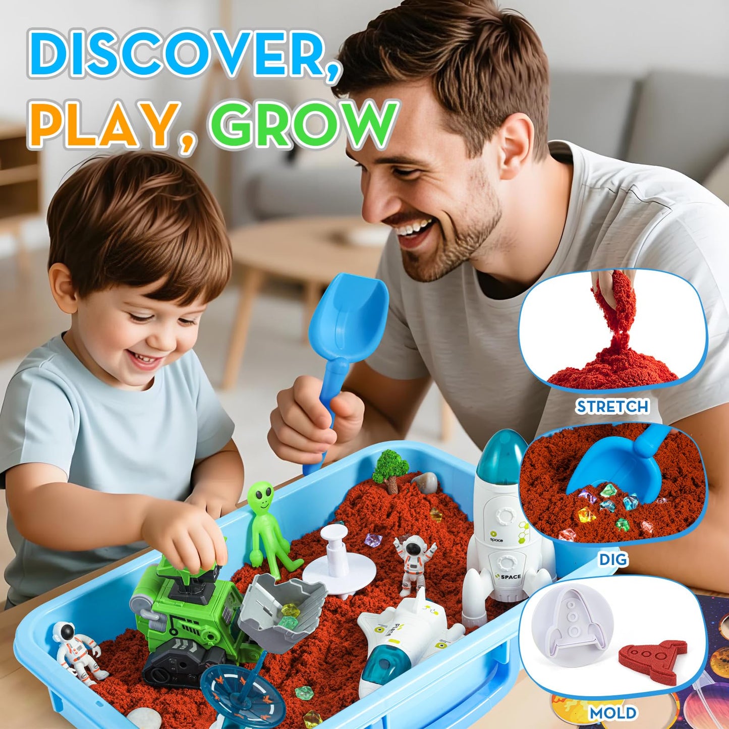 KNASON Outer Space Sensory Bin with 2.2lbs Moldable Sand | Glow in the Dark Aliens & Gems for Kids 3-8