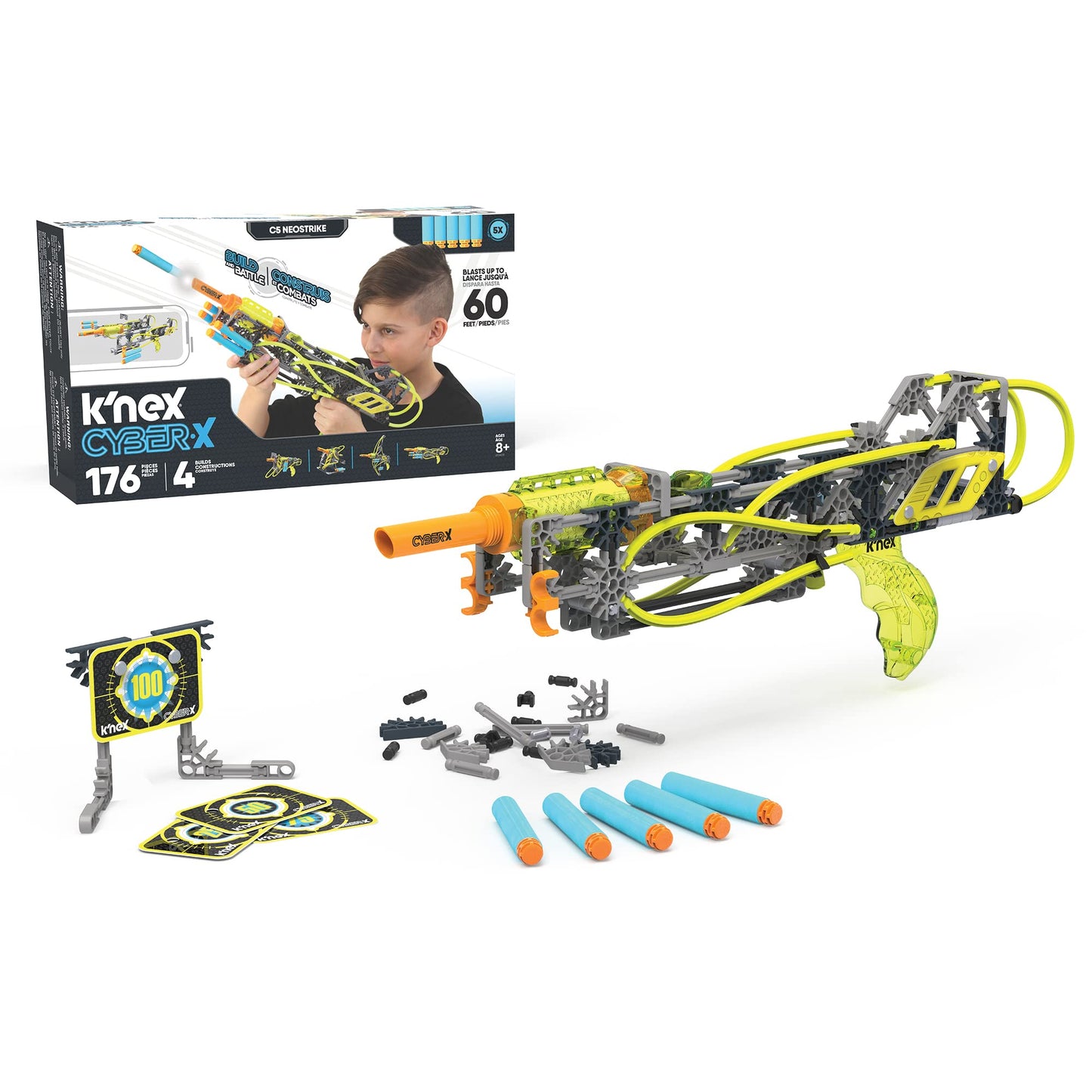 K'NEX Cyber-X C5 Neostrike Dart Blaster – 176 Pieces, 60 ft Darts, 4 Builds, 8+