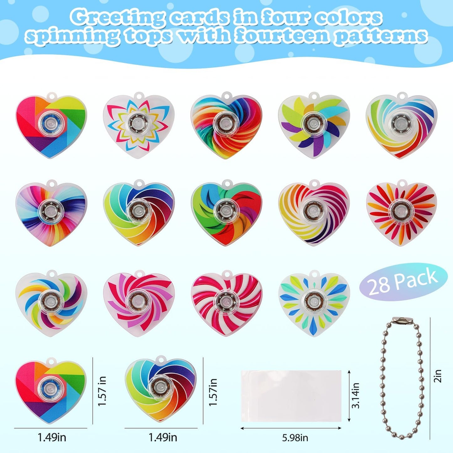 KNFINNDUU Valentine Fidget Spinner Keychains — 28-Piece Gift Set with Greeting Cards