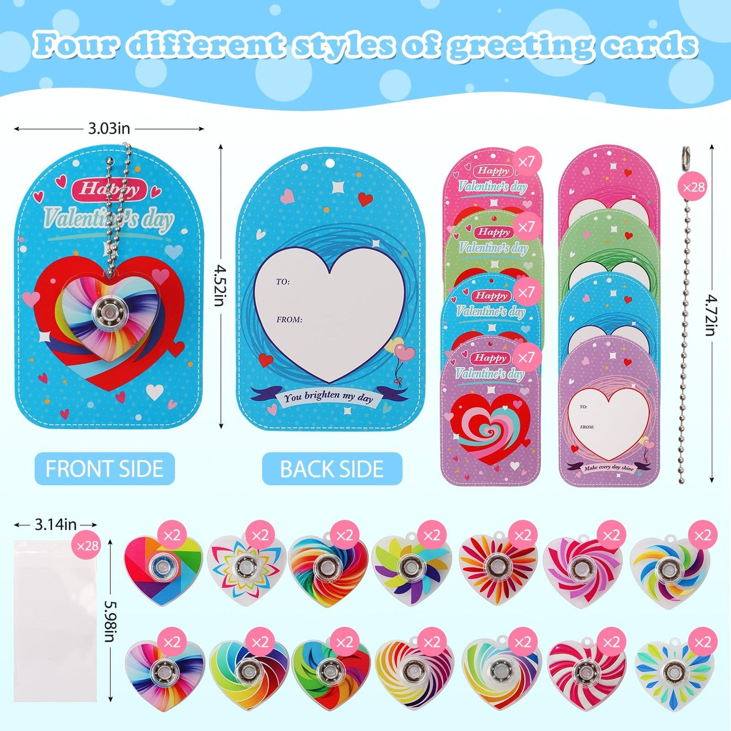 KNFINNDUU Valentine Fidget Spinner Keychains — 28-Piece Gift Set with Greeting Cards