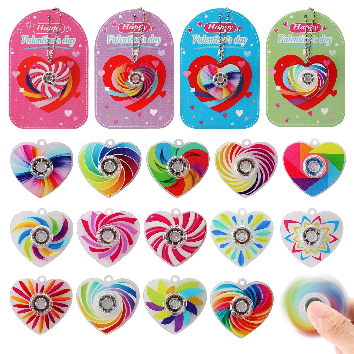 KNFINNDUU Valentine Fidget Spinner Keychains — 28-Piece Gift Set with Greeting Cards