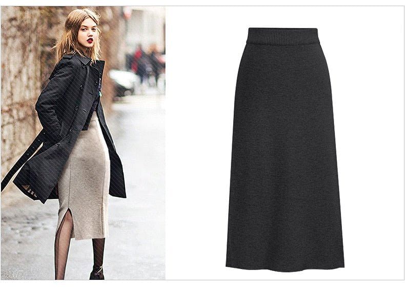 Knit Pencil Skirt Women Plus Size High Waist Skirts Womens Knited Split Midi Skirt Women Aut
