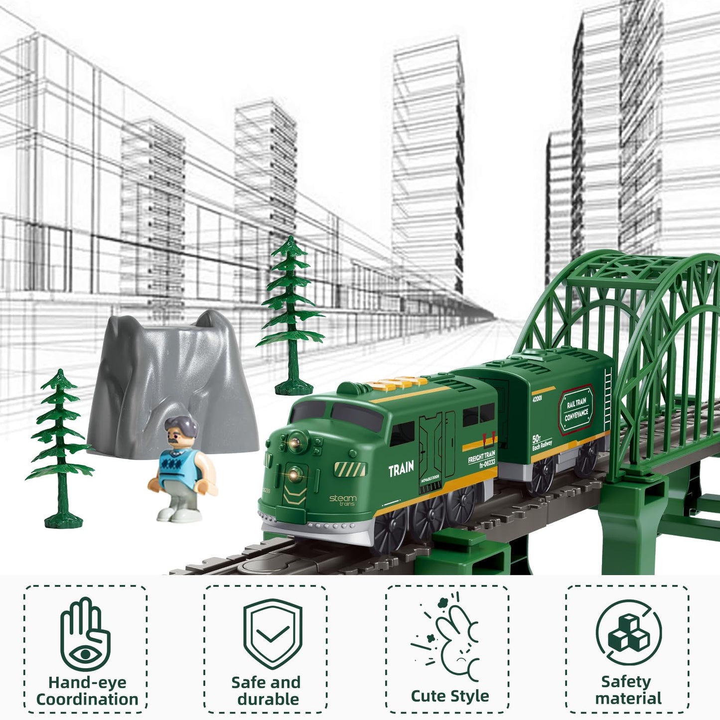 Knnidin 88-Piece Train Set – Magnetic Locomotive, Tracks & Bridge | Battery-Powered, Thomas/Brio Compatible
