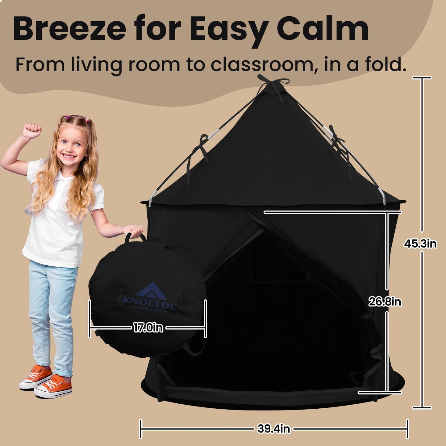 KNOCLOC Large Sensory Tent for Kids & Adults – Blackout Calm Space with Fan-Ready Port, 39 x 39 x 45 in