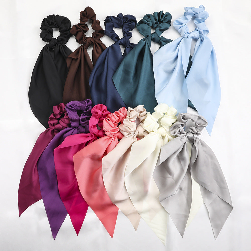 Knotted Ribbon Satin Hair Scarf, Monochrome Silky Square Scarf Hair Tie, Ladies’ Ponytail Hair Scrunchie