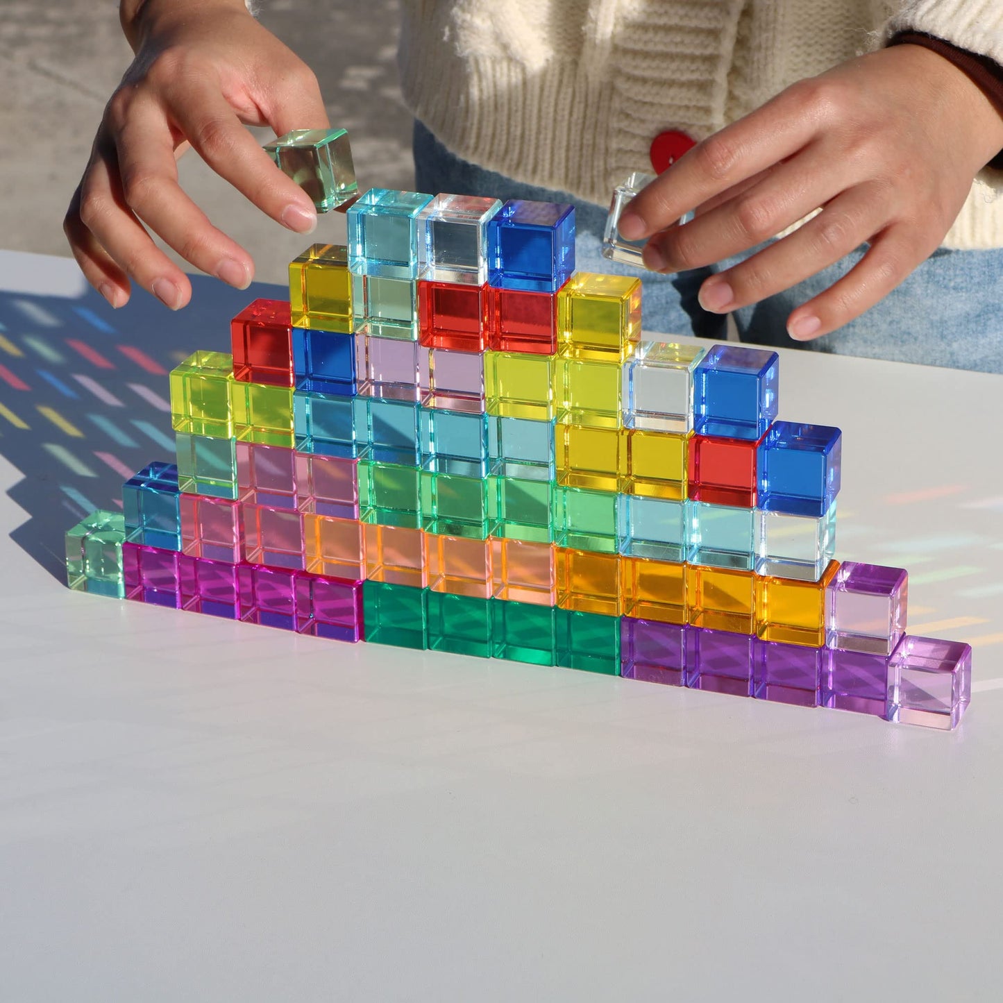 KOAICS Rainbow Crystal Acrylic Cubes – 48Pcs Colorful Sensory Stacking Blocks for Kids