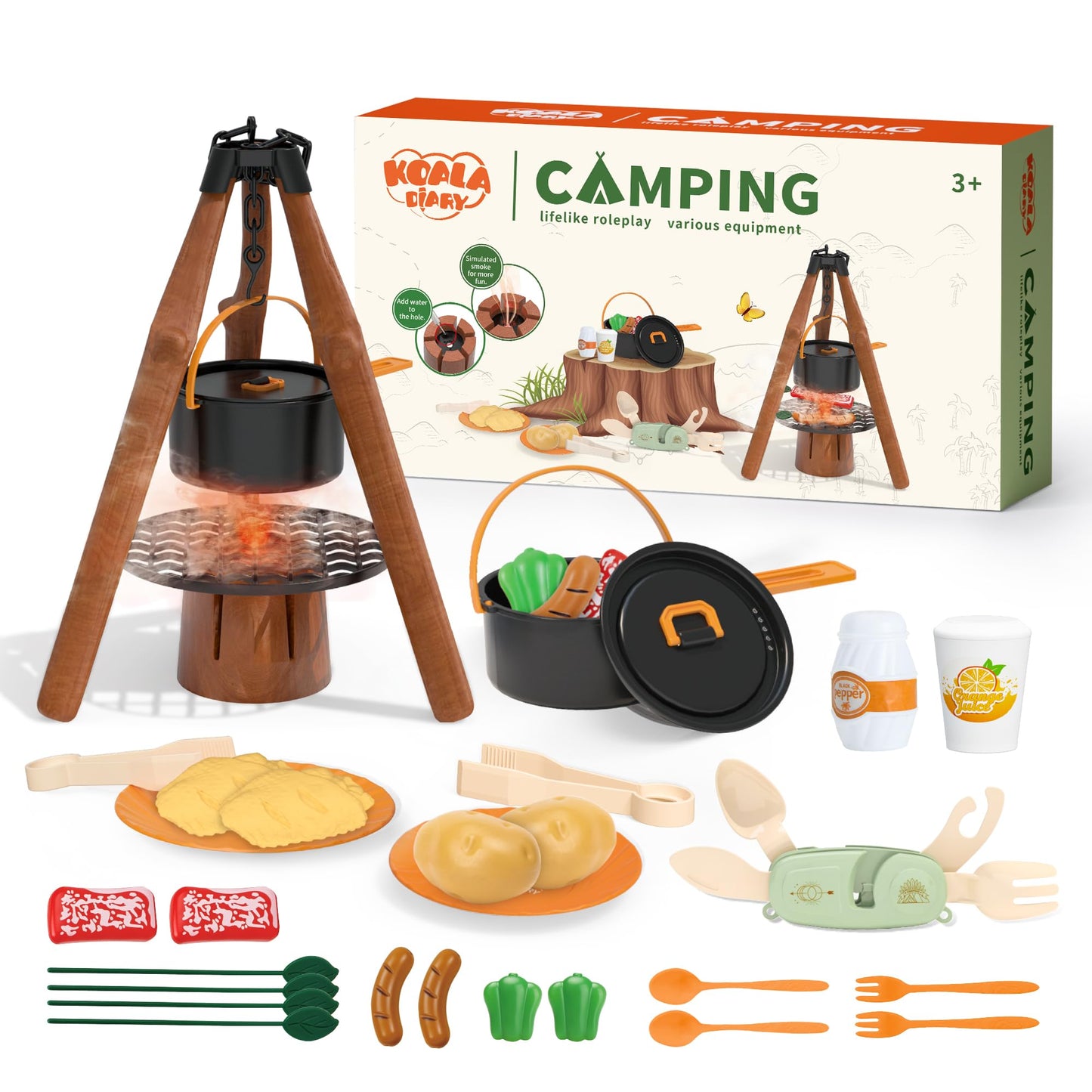 KOALA DIARY Kids Camping Toy Set – Pretend Play Stove, Food & Tableware for Ages 3+