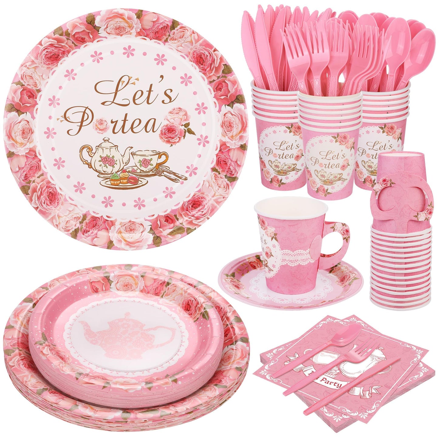 Kochorie 194-Piece Tea Party Tableware Set – Disposable Plates Cups Napkins & Pink Cutlery for 24 Guests