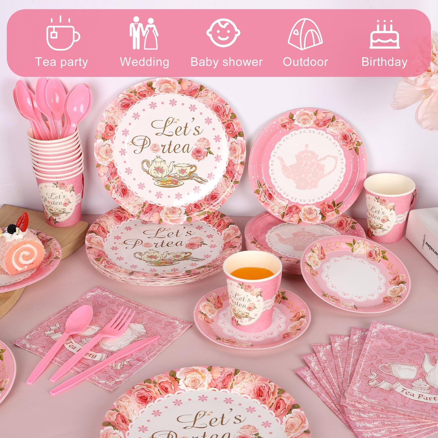 Kochorie 194-Piece Tea Party Tableware Set – Disposable Plates Cups Napkins & Pink Cutlery for 24 Guests
