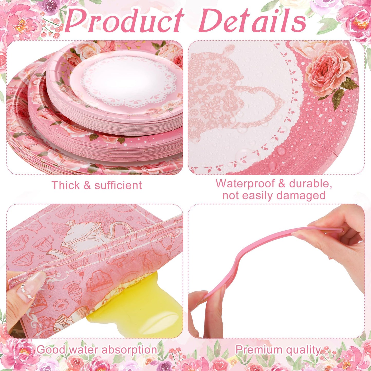 Kochorie 194-Piece Tea Party Tableware Set – Disposable Plates Cups Napkins & Pink Cutlery for 24 Guests