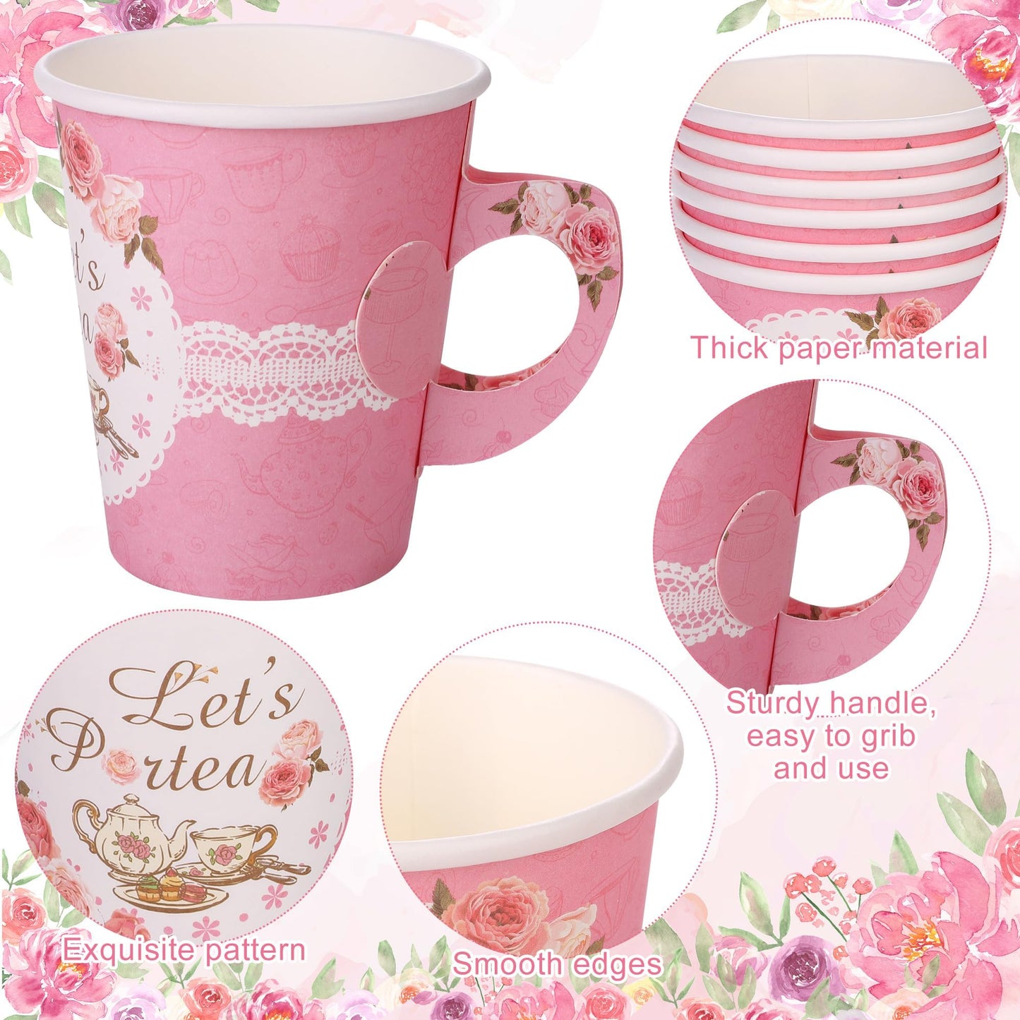 Kochorie 194-Piece Tea Party Tableware Set – Disposable Plates Cups Napkins & Pink Cutlery for 24 Guests