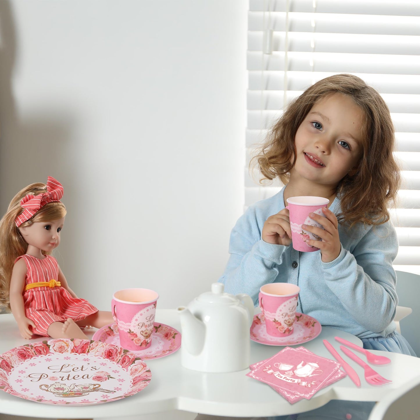 Kochorie 194-Piece Tea Party Tableware Set – Disposable Plates Cups Napkins & Pink Cutlery for 24 Guests