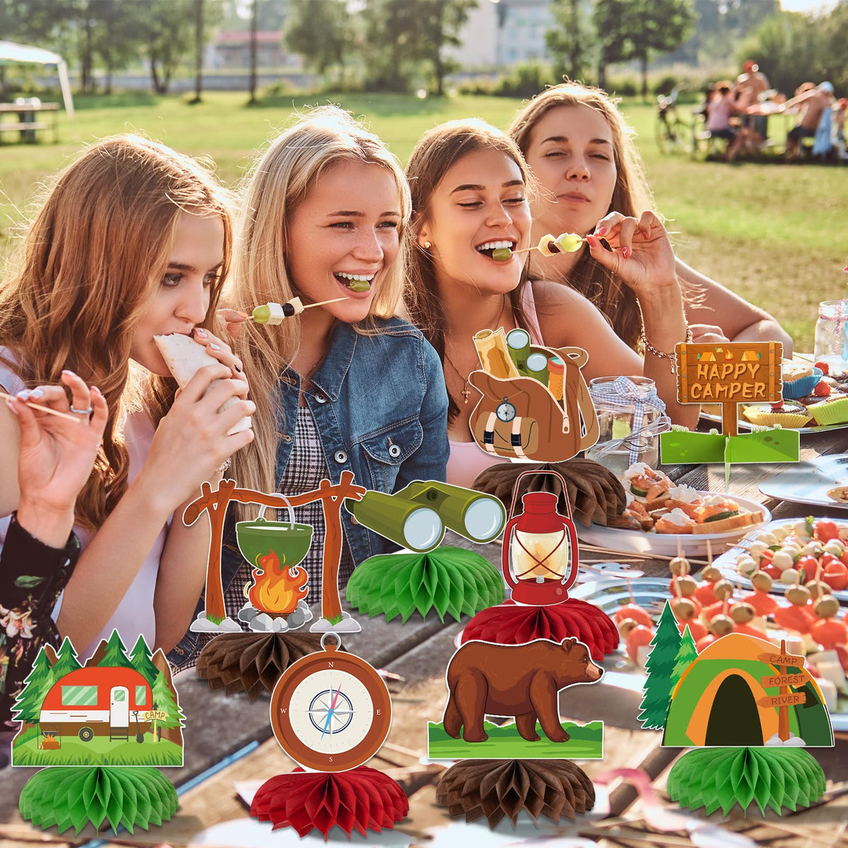 Kockuu Camping Party Decoration Set – 12 Pcs Happy Camper Honeycomb Centerpieces & Cards