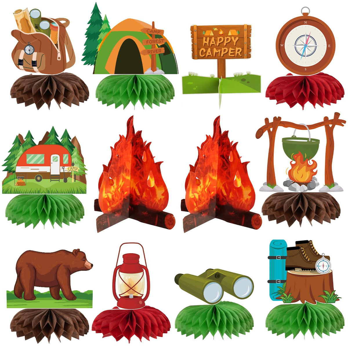 Kockuu Camping Party Decoration Set – 12 Pcs Happy Camper Honeycomb Centerpieces & Cards