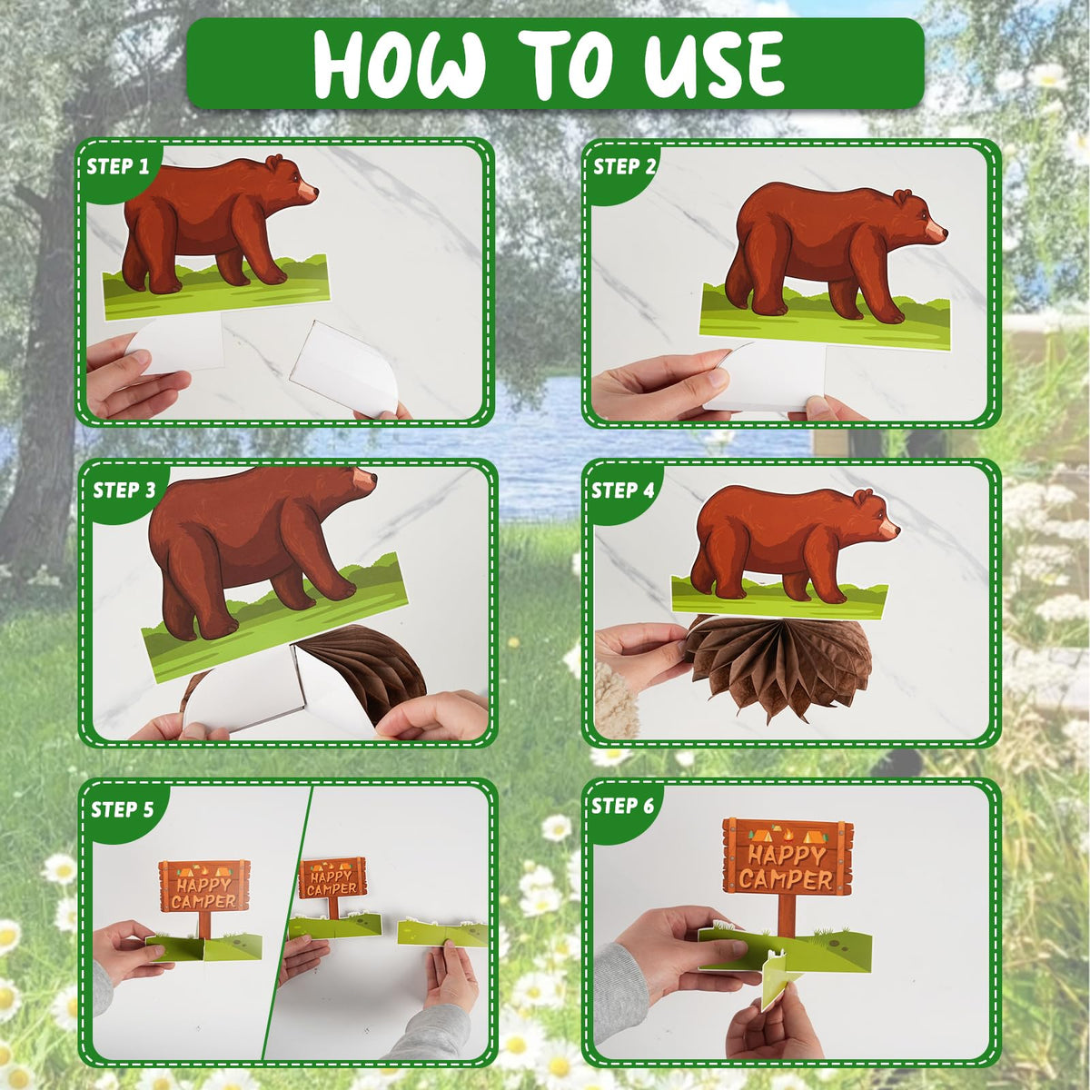 Kockuu Camping Party Decoration Set – 12 Pcs Happy Camper Honeycomb Centerpieces & Cards