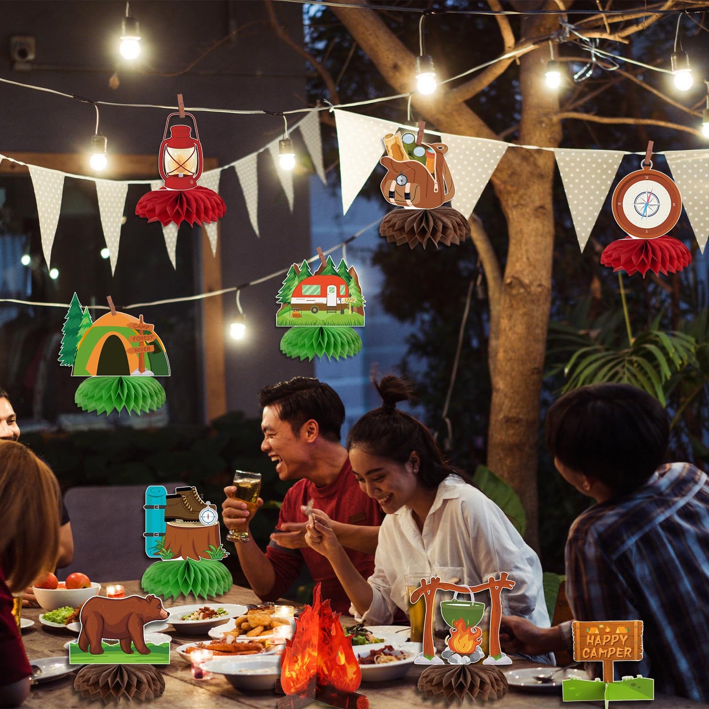 Kockuu Camping Party Decoration Set – 12 Pcs Happy Camper Honeycomb Centerpieces & Cards