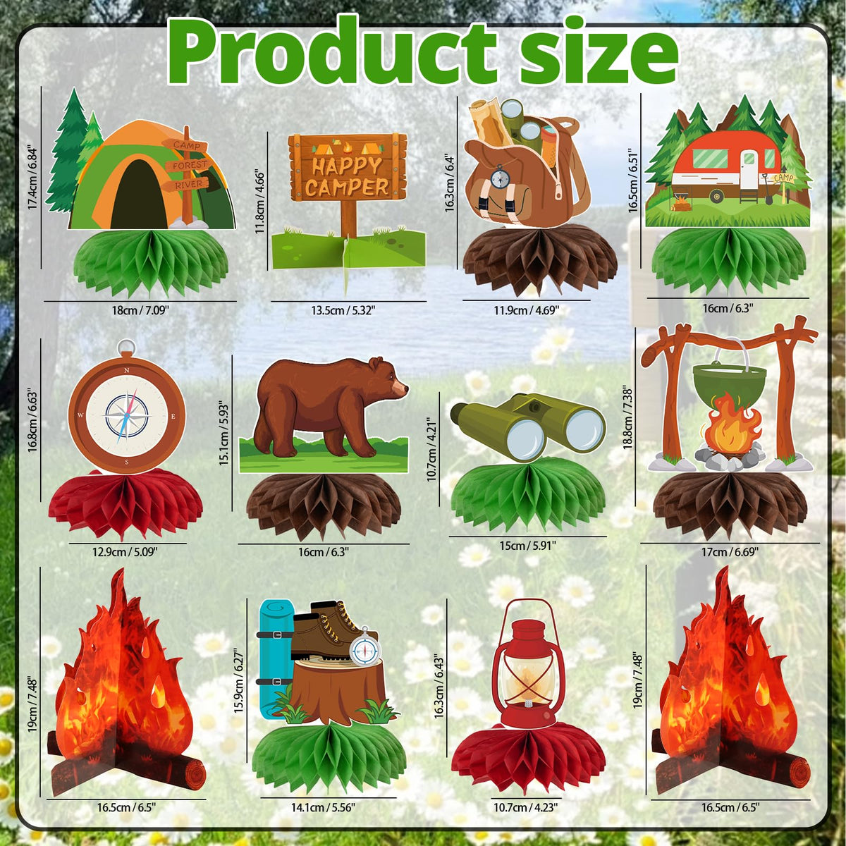 Kockuu Camping Party Decoration Set – 12 Pcs Happy Camper Honeycomb Centerpieces & Cards