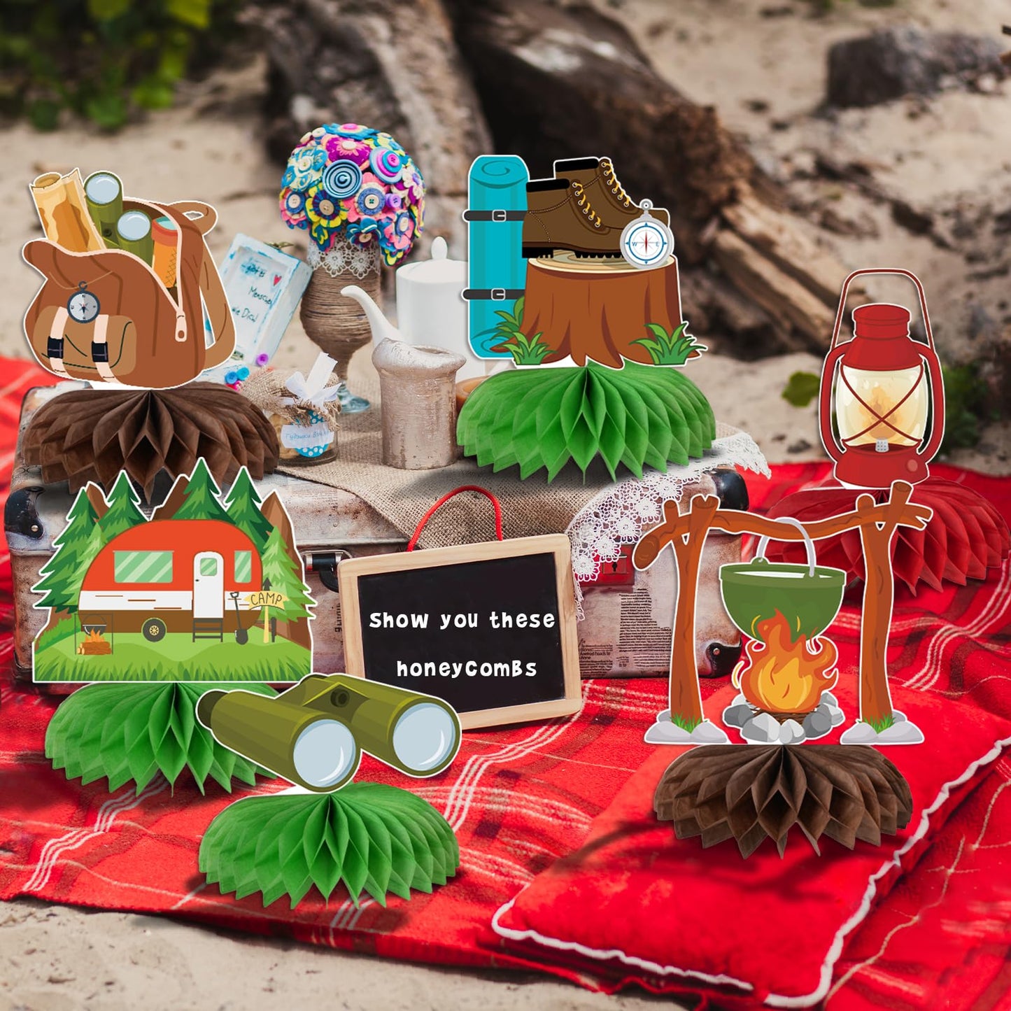 Kockuu Camping Party Decoration Set – 12 Pcs Happy Camper Honeycomb Centerpieces & Cards