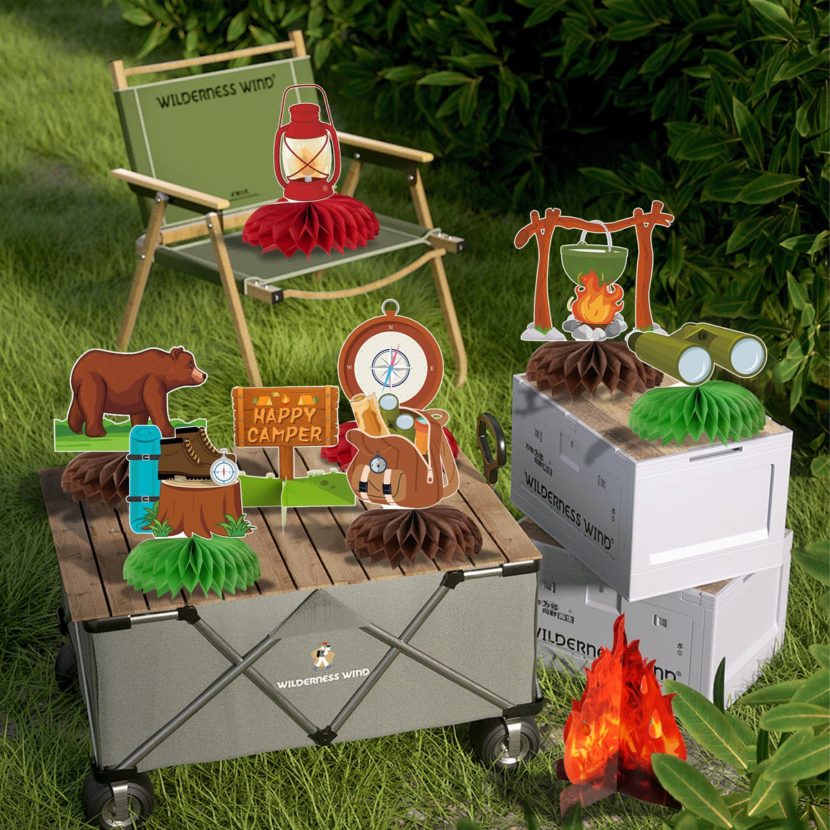 Kockuu Camping Party Decoration Set – 12 Pcs Happy Camper Honeycomb Centerpieces & Cards