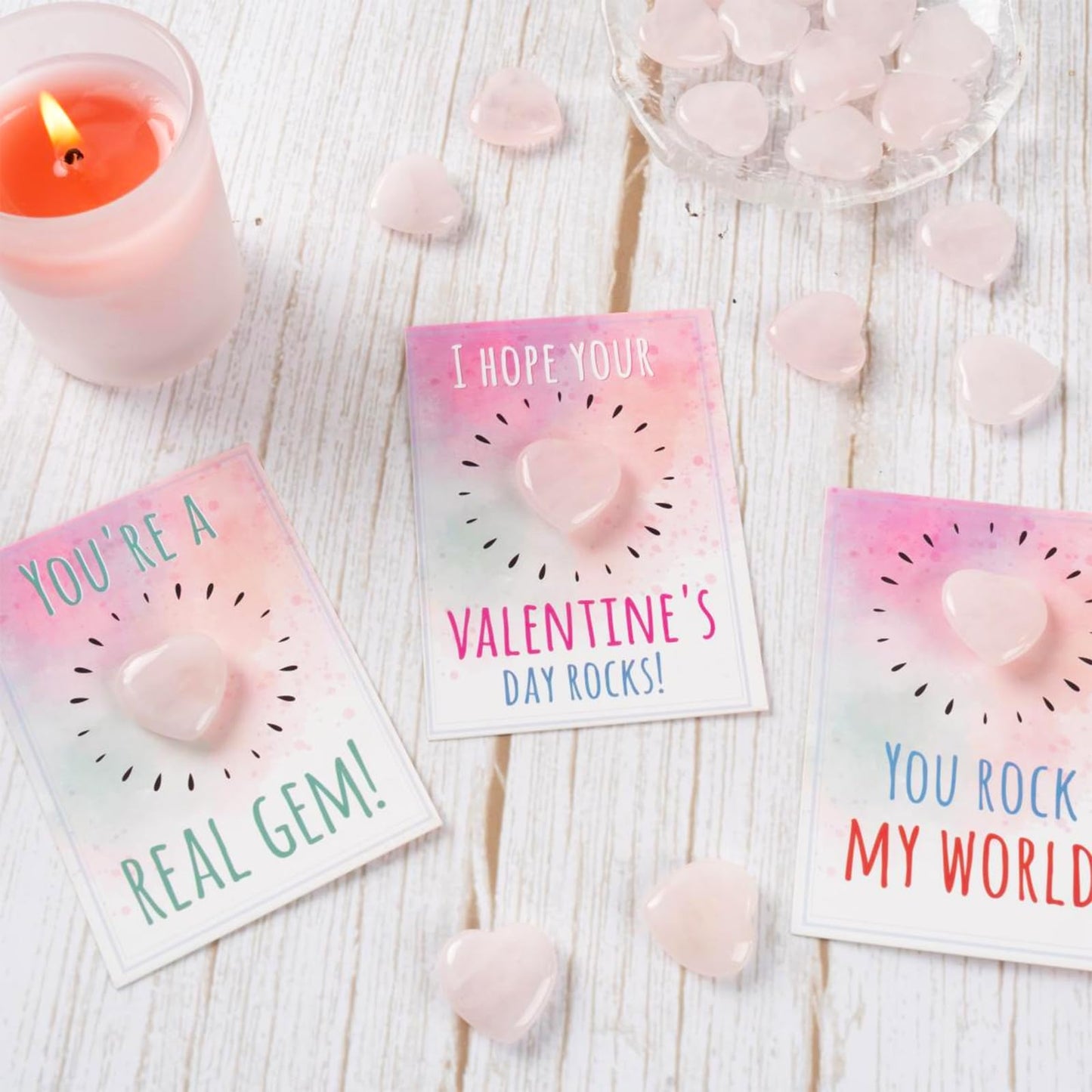Kockuu Valentines Day Gifts for Kids - 24-Pack Pink Heart Stones & Cards
