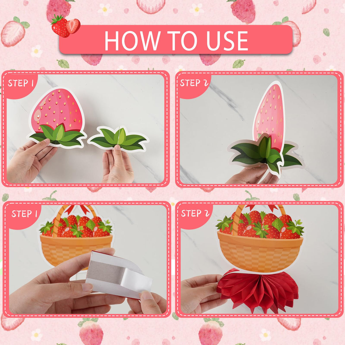 Kockuu Sweet Strawberry Party Decorations — 12 Pcs Red & Pink Honeycomb Centerpieces