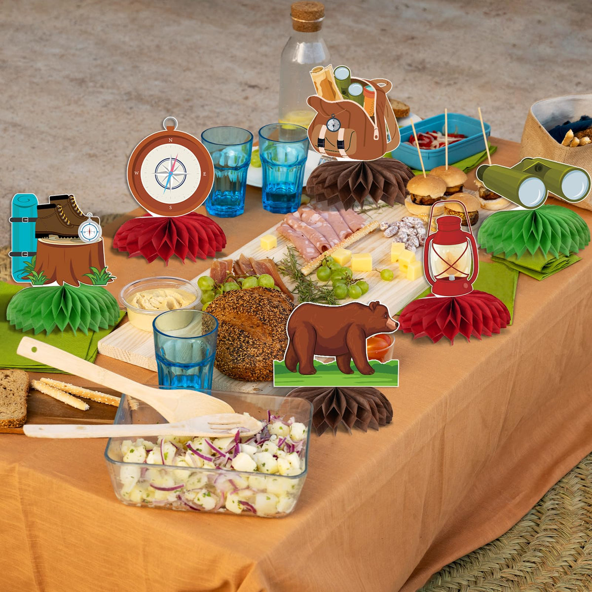 Kockuu Camping Party Decoration Set – 12 Pcs Happy Camper Honeycomb Centerpieces & Cards