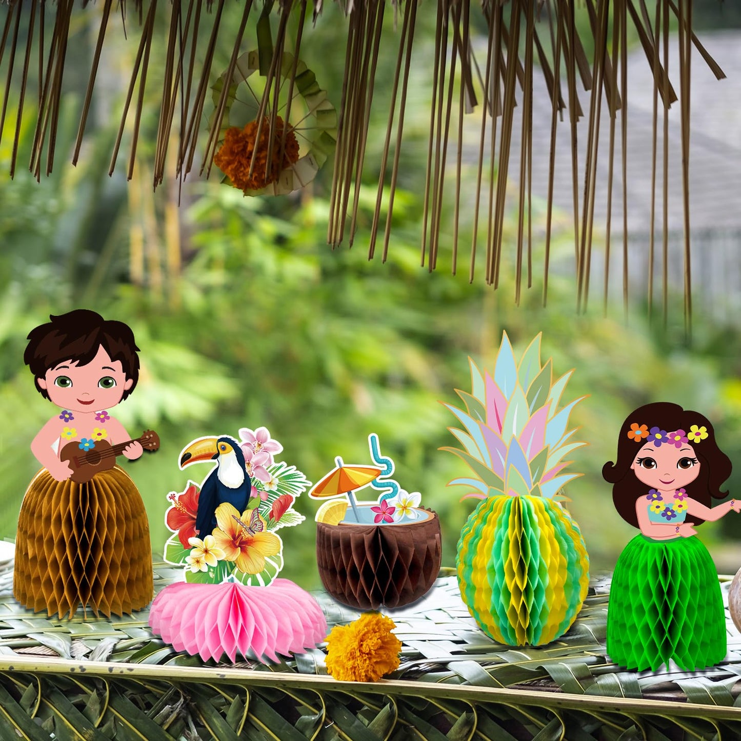 Kockuu 12-Piece Hawaiian Luau Table Decorations – Double-Sided Honeycomb Centerpieces for Tiki Parties