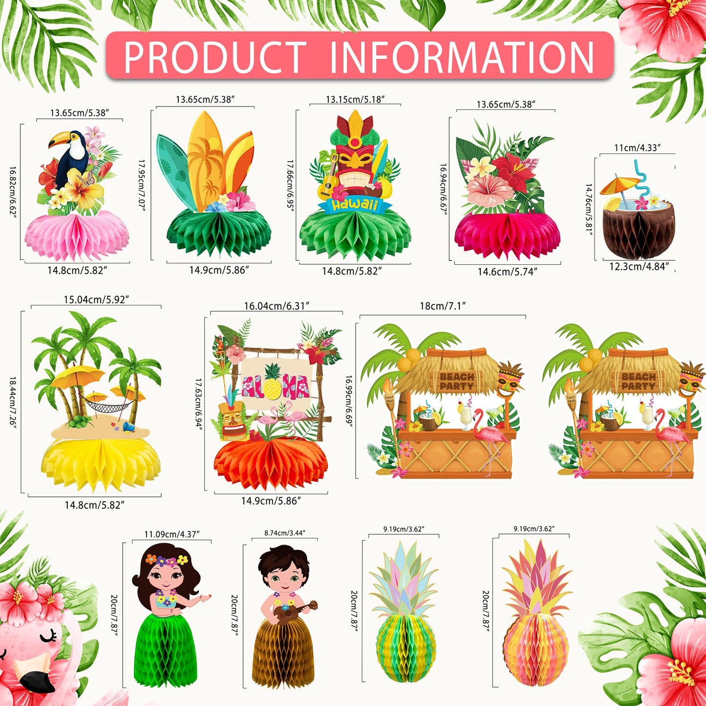 Kockuu 12-Piece Hawaiian Luau Table Decorations – Double-Sided Honeycomb Centerpieces for Tiki Parties