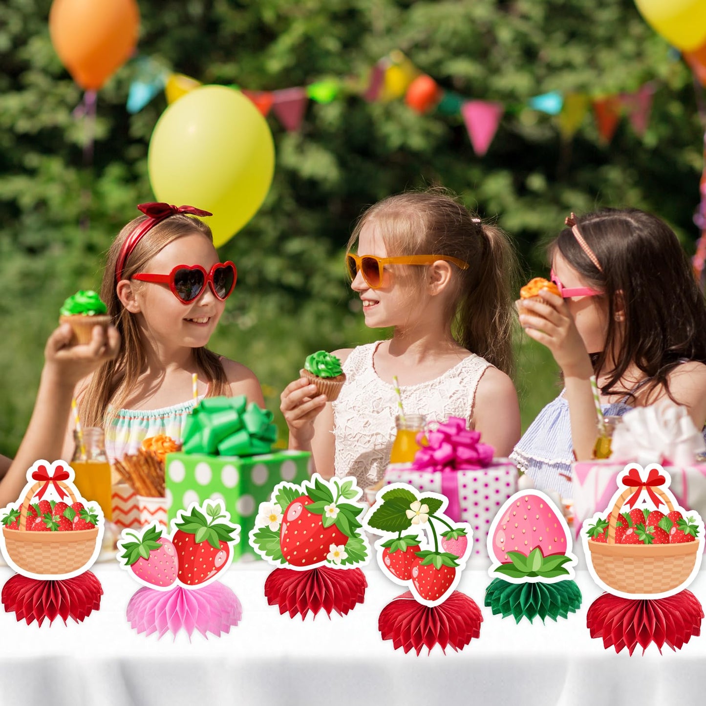Kockuu Sweet Strawberry Party Decorations — 12 Pcs Red & Pink Honeycomb Centerpieces