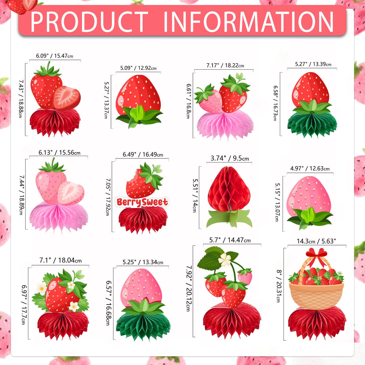 Kockuu Sweet Strawberry Party Decorations — 12 Pcs Red & Pink Honeycomb Centerpieces
