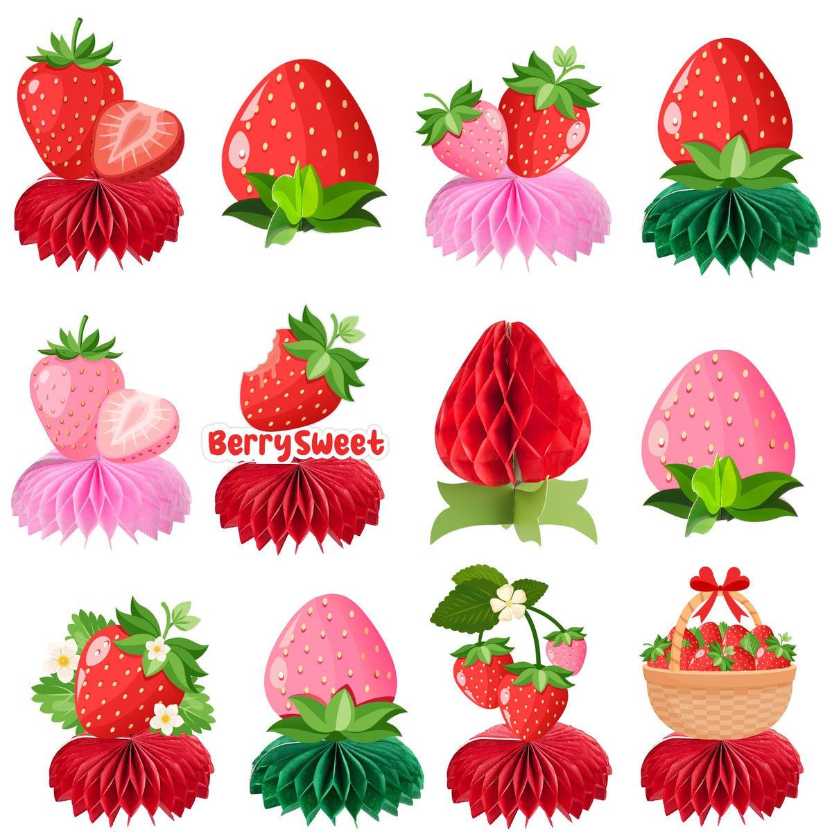 Kockuu Sweet Strawberry Party Decorations — 12 Pcs Red & Pink Honeycomb Centerpieces