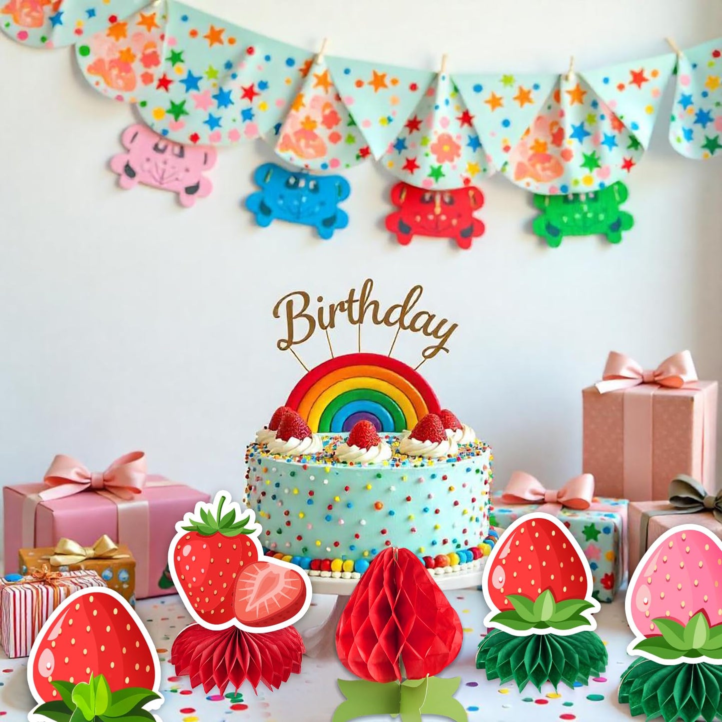 Kockuu Sweet Strawberry Party Decorations — 12 Pcs Red & Pink Honeycomb Centerpieces