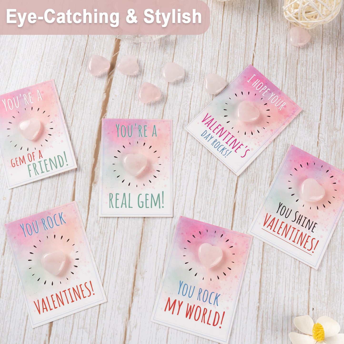 Kockuu Valentines Day Gifts for Kids - 24-Pack Pink Heart Stones & Cards