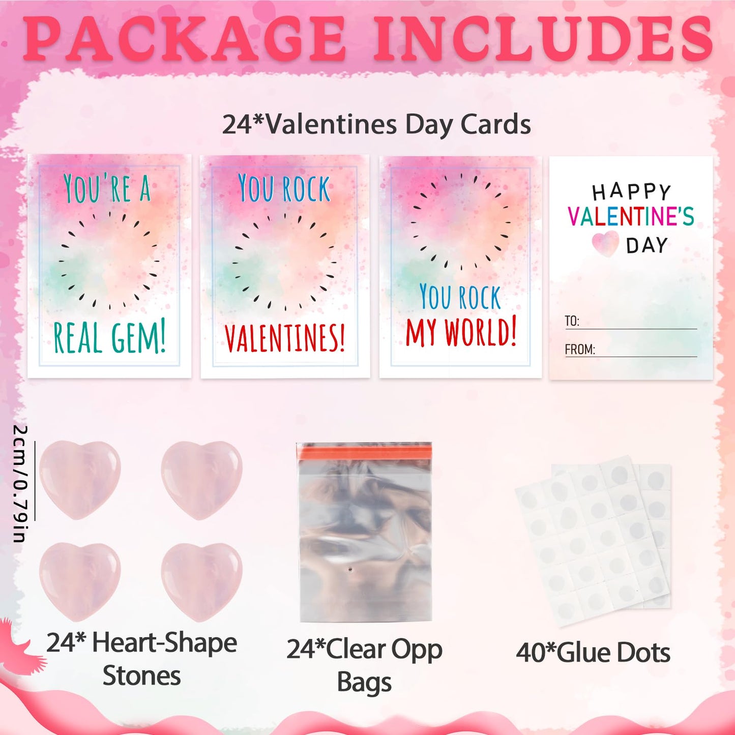 Kockuu Valentines Day Gifts for Kids - 24-Pack Pink Heart Stones & Cards
