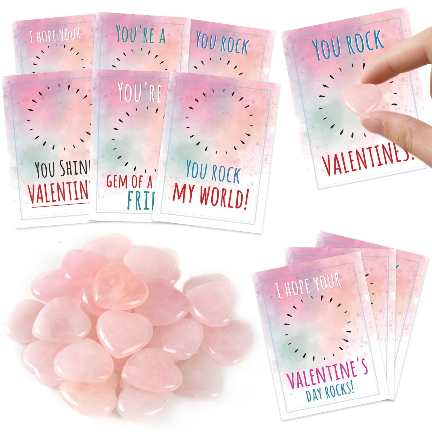 Kockuu Valentines Day Gifts for Kids - 24-Pack Pink Heart Stones & Cards