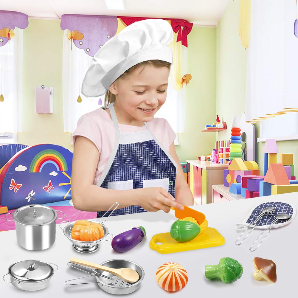 KODATEK Play Kitchen Accessories – Stainless Steel Kids Kitchen Set with Pots, Pans, Utensils & Apron