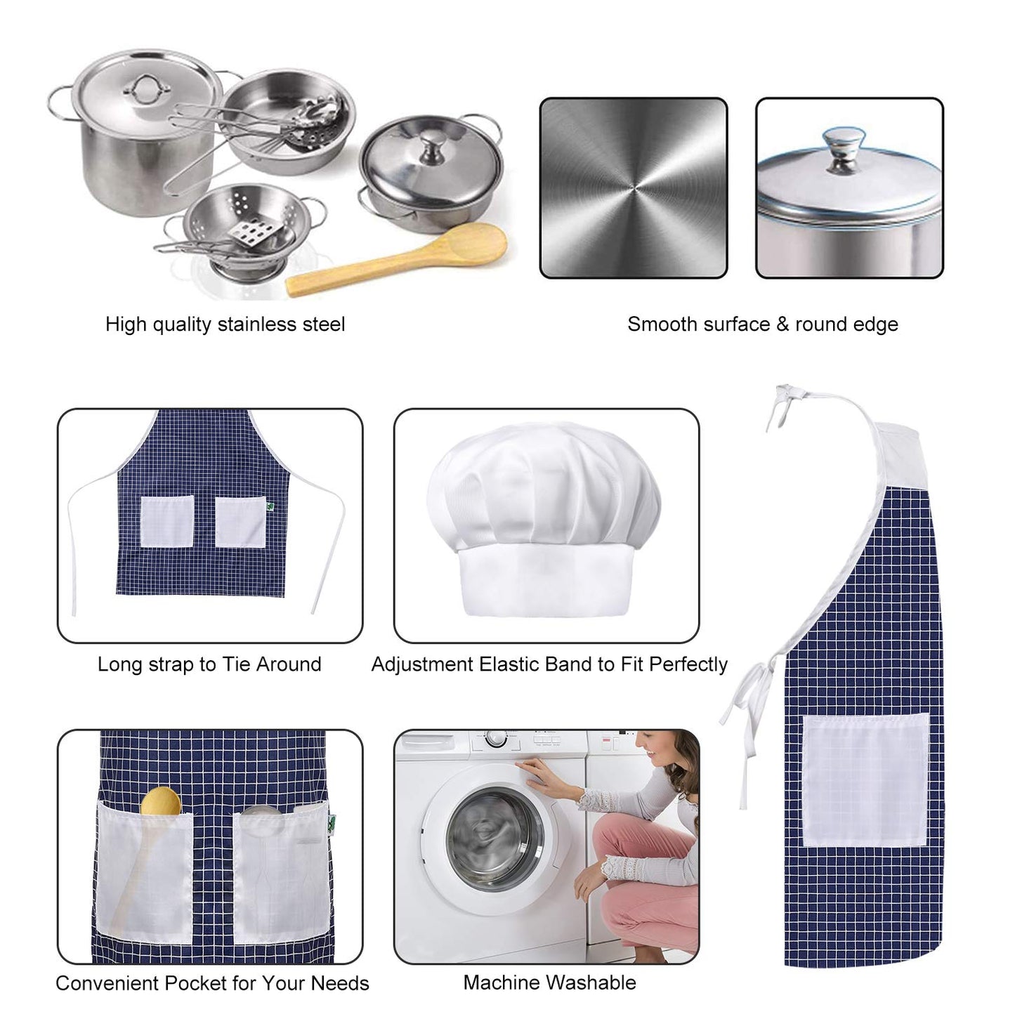 KODATEK Play Kitchen Accessories – Stainless Steel Kids Kitchen Set with Pots, Pans, Utensils & Apron