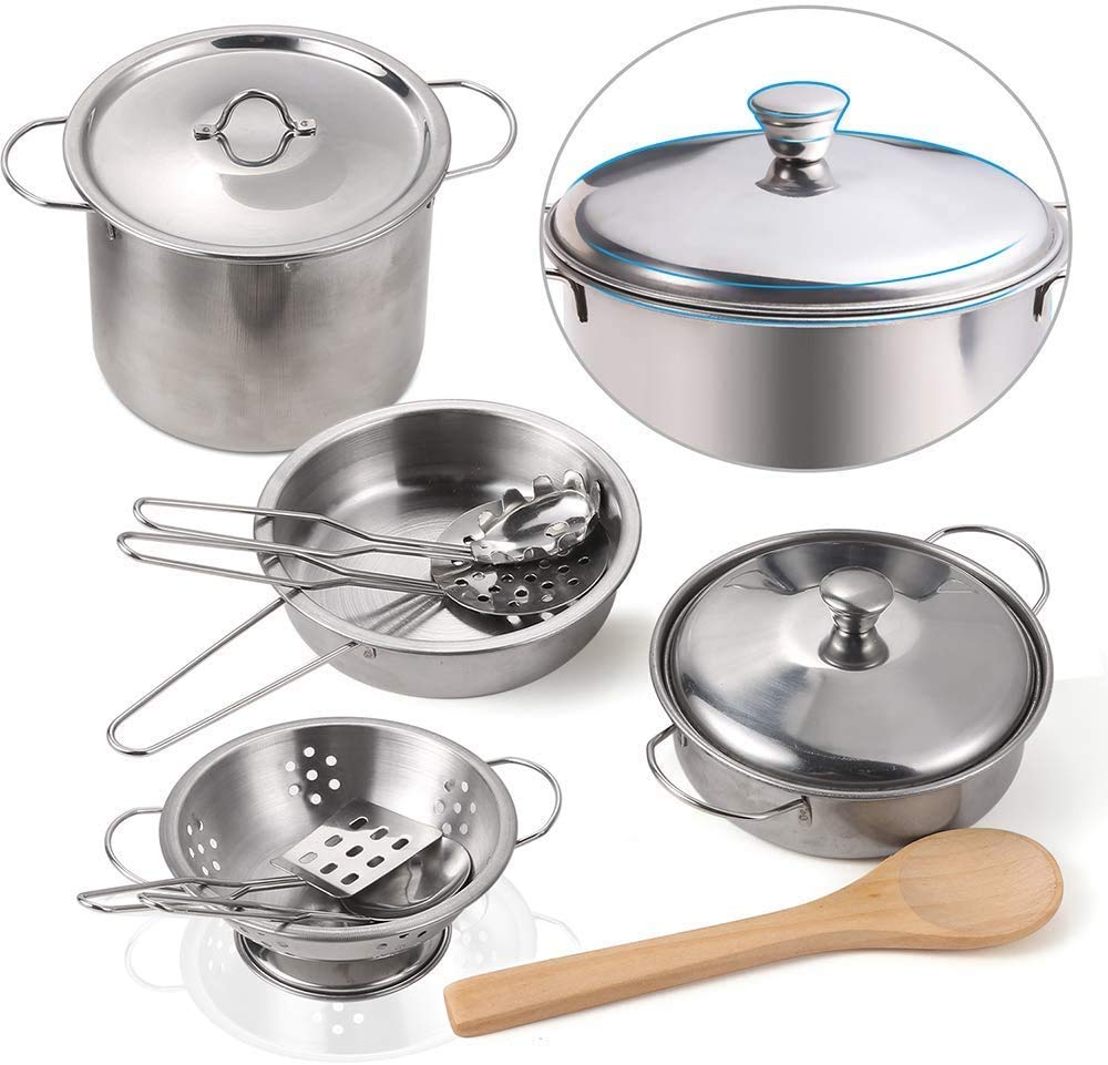 KODATEK Play Kitchen Accessories – Stainless Steel Kids Kitchen Set with Pots, Pans, Utensils & Apron