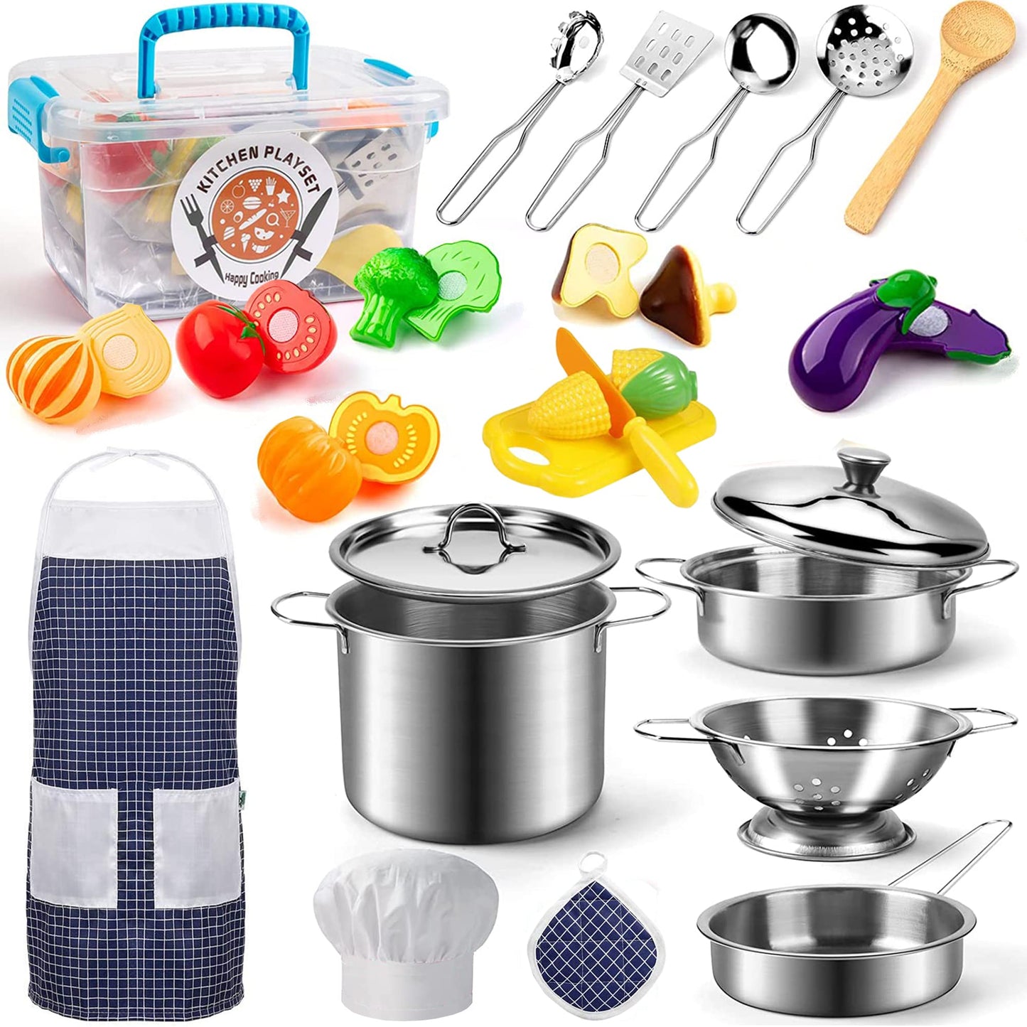 KODATEK Play Kitchen Accessories – Stainless Steel Kids Kitchen Set with Pots, Pans, Utensils & Apron