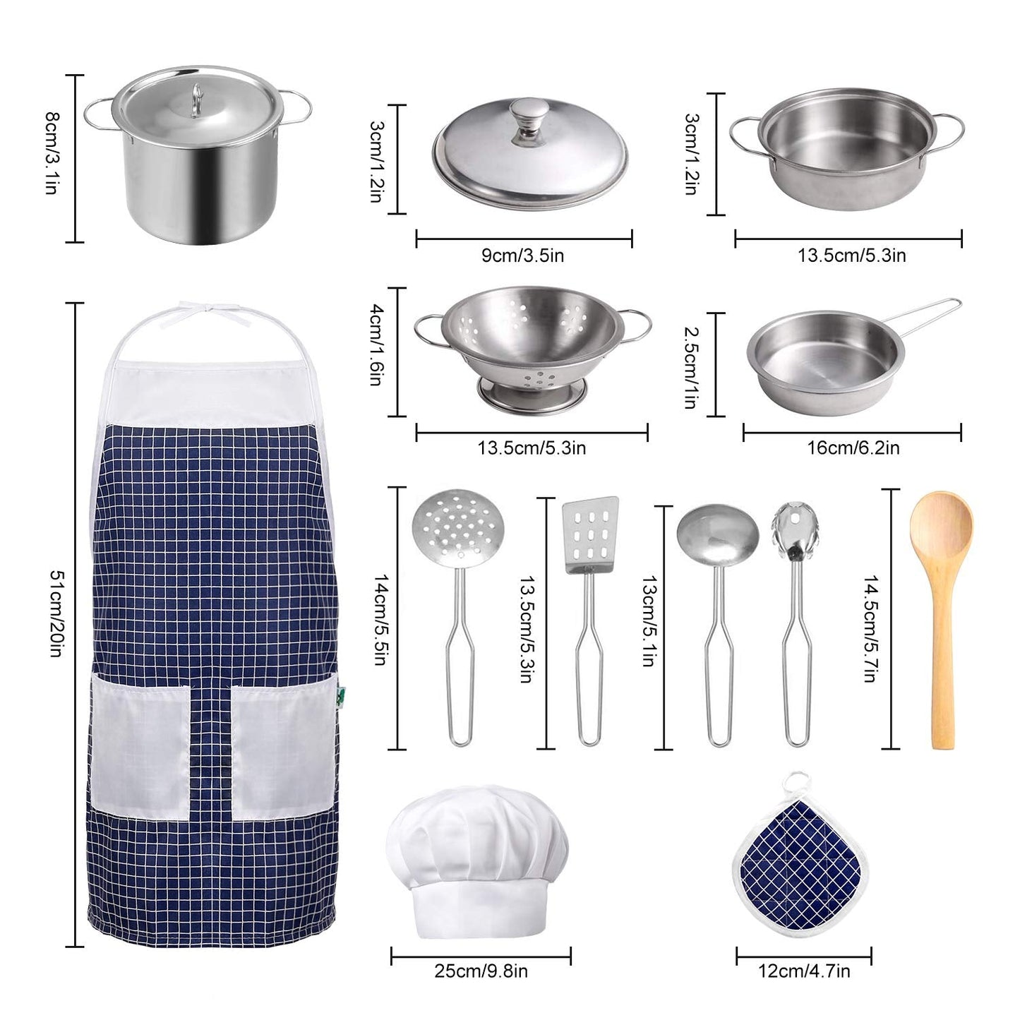 KODATEK Play Kitchen Accessories – Stainless Steel Kids Kitchen Set with Pots, Pans, Utensils & Apron