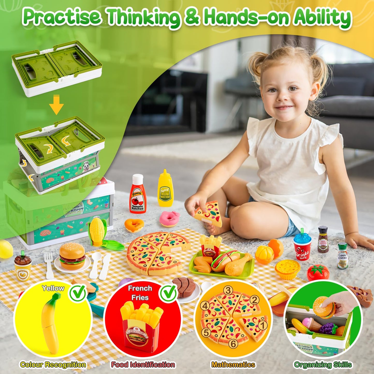 Kodatek 78-Piece Pretend Play Food Set for Kids – Pizza, Fruits & Veggies with Storage Basket