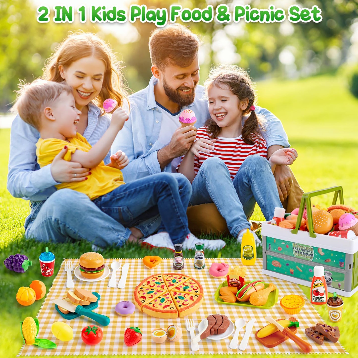 Kodatek 78-Piece Pretend Play Food Set for Kids – Pizza, Fruits & Veggies with Storage Basket