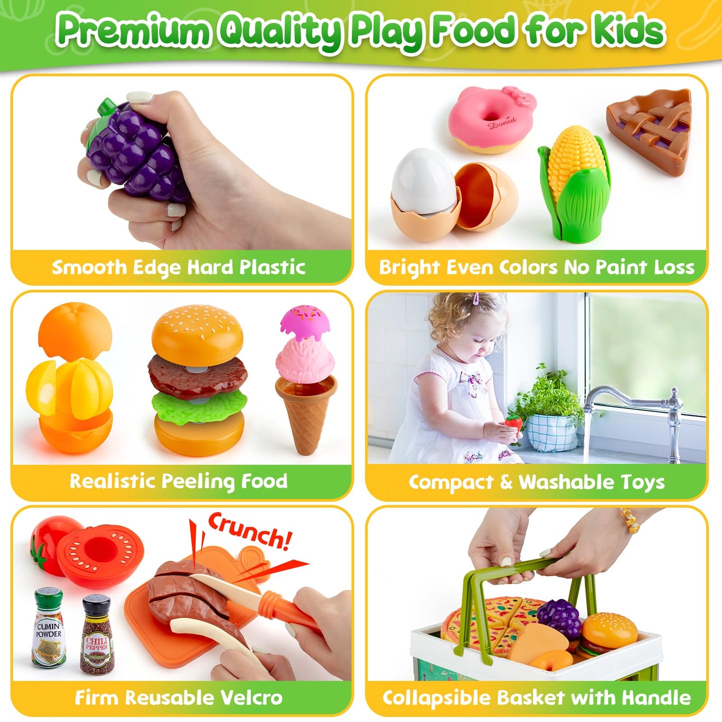 Kodatek 78-Piece Pretend Play Food Set for Kids – Pizza, Fruits & Veggies with Storage Basket