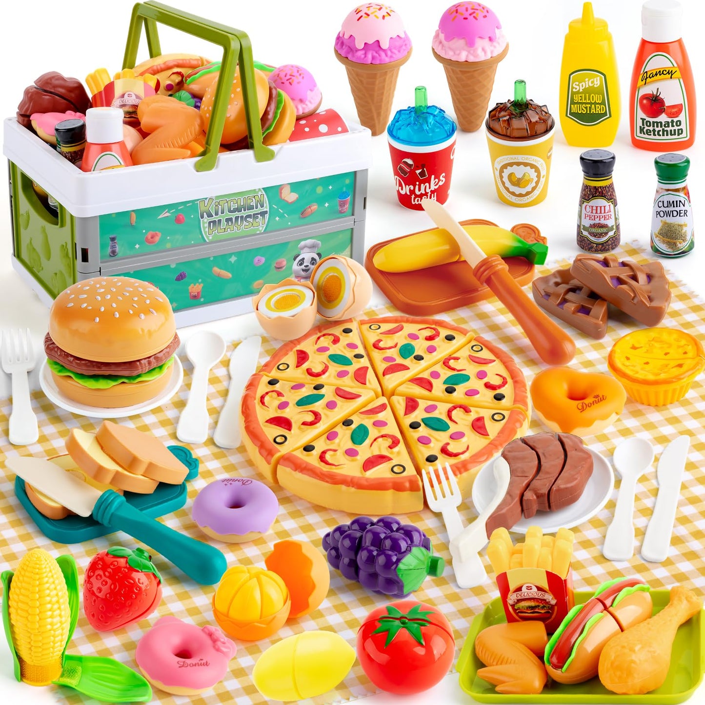 Kodatek 78-Piece Pretend Play Food Set for Kids – Pizza, Fruits & Veggies with Storage Basket