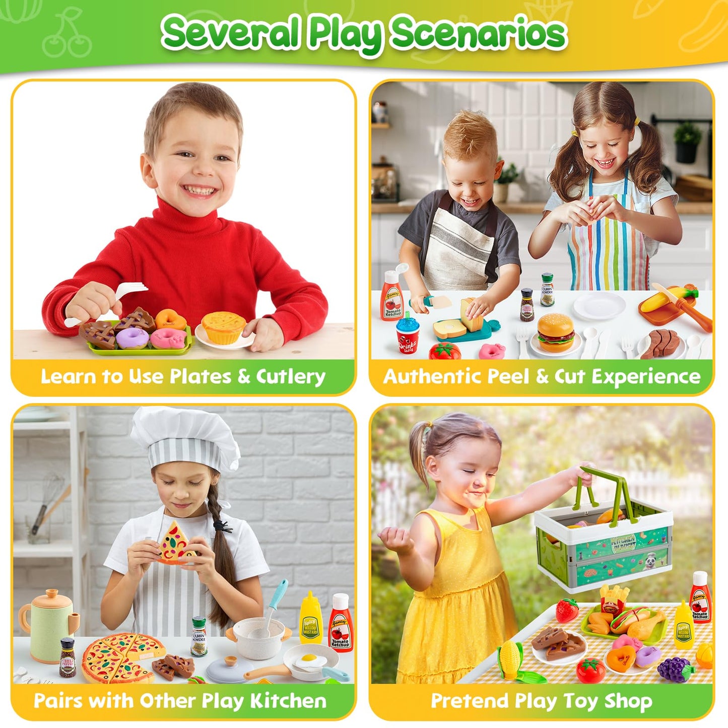 Kodatek 78-Piece Pretend Play Food Set for Kids – Pizza, Fruits & Veggies with Storage Basket