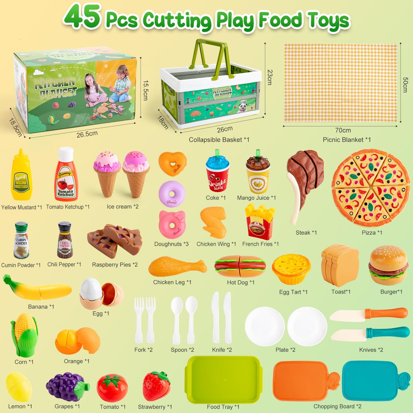 Kodatek 78-Piece Pretend Play Food Set for Kids – Pizza, Fruits & Veggies with Storage Basket