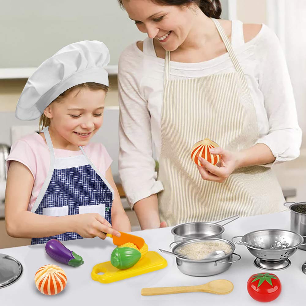 KODATEK Play Kitchen Accessories – Stainless Steel Kids Kitchen Set with Pots, Pans, Utensils & Apron