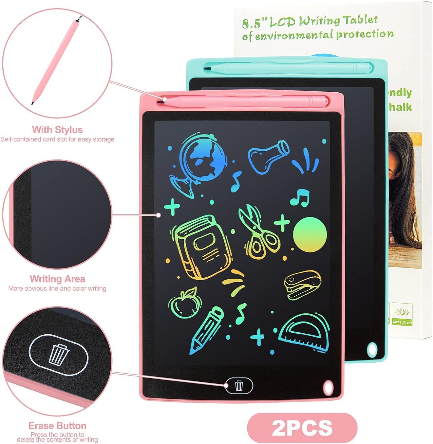 kogabanny LCD Writing Tablet – 8.5” 2-Pack Doodle Boards for Kids (Pink & Blue)