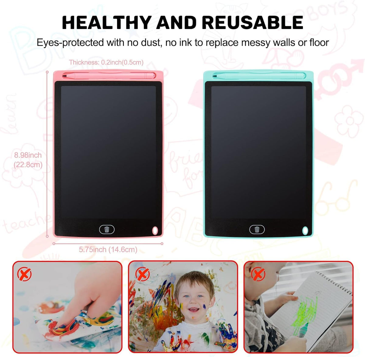 kogabanny LCD Writing Tablet – 8.5” 2-Pack Doodle Boards for Kids (Pink & Blue)