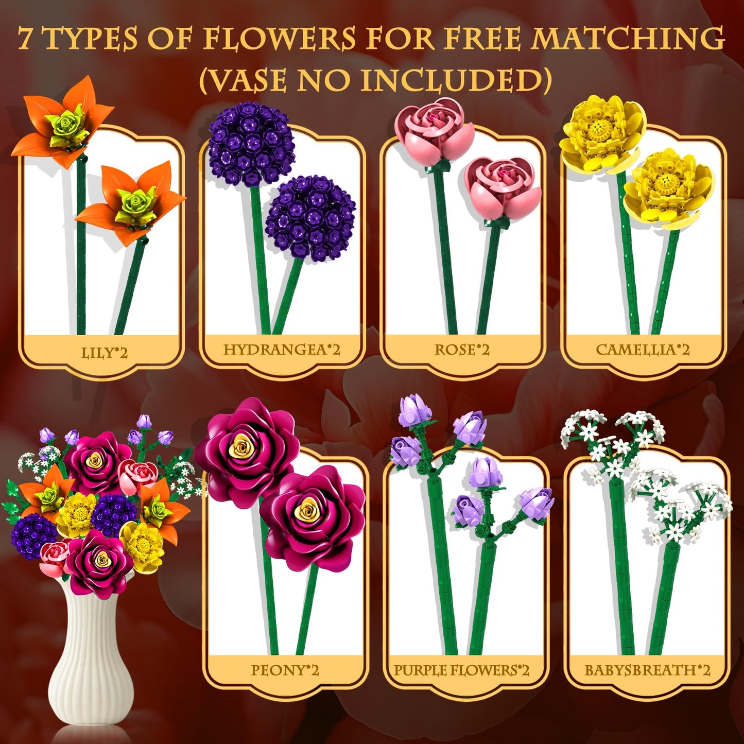 KOJAYHOL Valentines Day Flower Bouquet Building Block Set – 933PCS Botanical Collection, 14 Flowers, Gift for Her